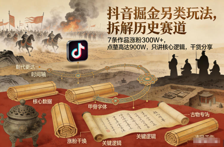 抖音掘金另类玩法，拆解历史赛道，7条作品涨粉300W+，点赞量高达900W，只讲核心逻辑，干货分享-知享知识库