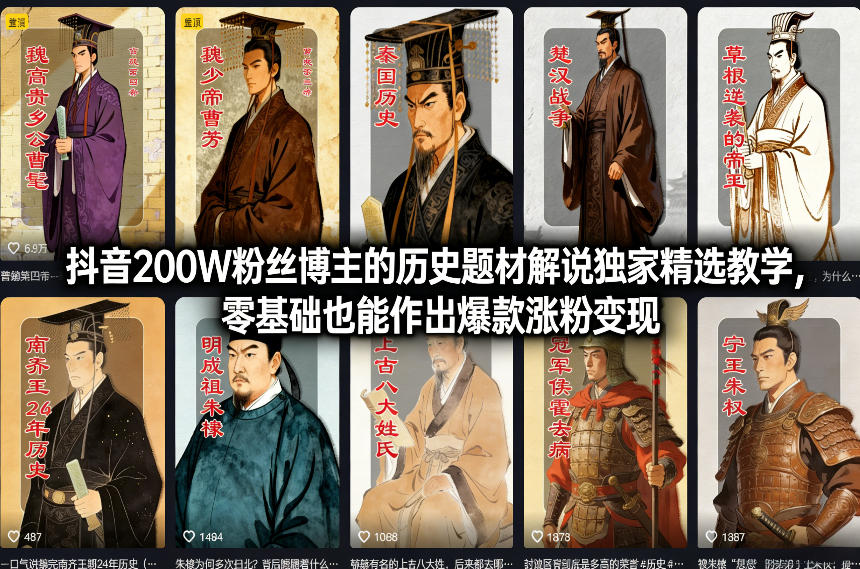 抖音200W粉丝博主的历史题材解说独家精选教学，零基础也能作出爆款涨粉变现-知享知识网
