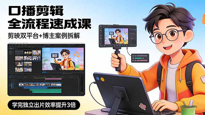 （17420期）口播剪辑全流程速成课，剪映双平台+博主案例拆解，学完独立出片效率提升3倍-知享资源网