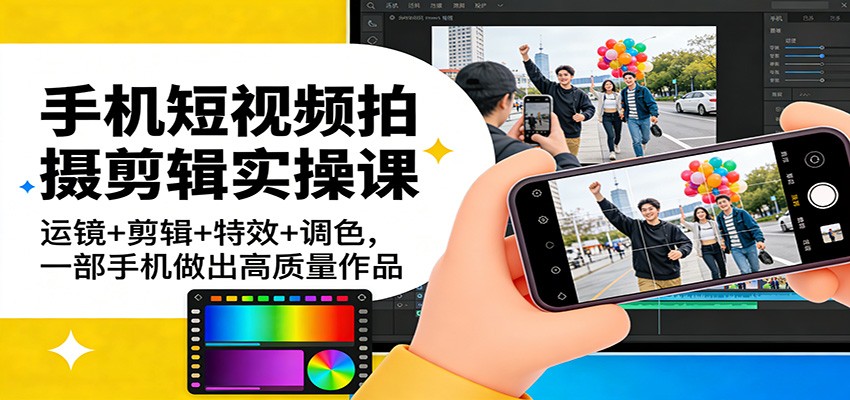 手机短视频拍摄剪辑实操课：运镜+剪辑+特效+调色，一部手机做出高质量作品-知享资源网