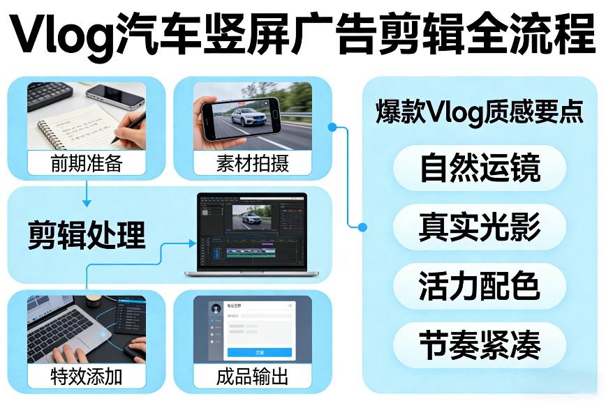 Vlog感觉汽车竖屏广告剪辑脚本全流程，拿捏爆款Vlog质感-知享资源网
