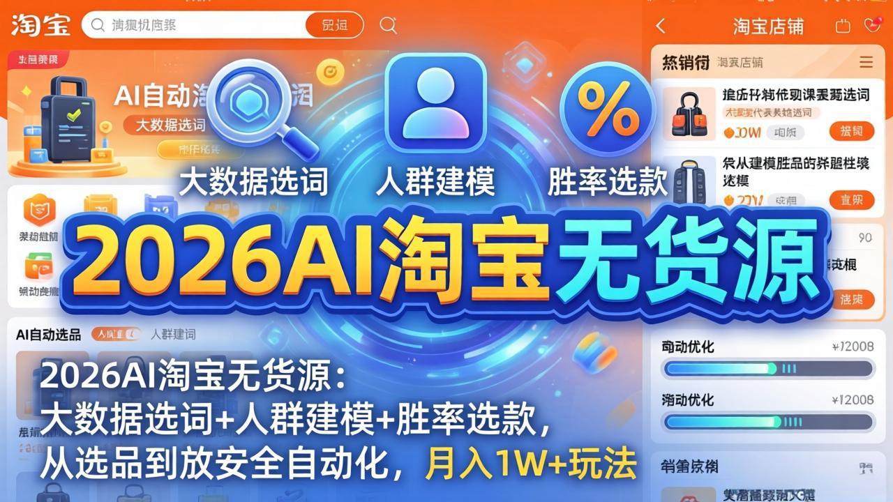 （17812期）2026AI淘宝无货源：大数据选词+人群建模+胜率选款，从选品到放大全自动化，月入1W+玩法-知享资源网