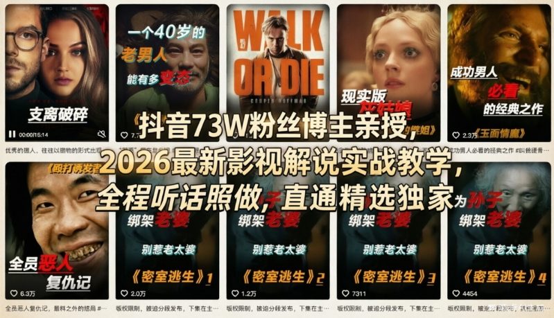 抖音73W粉丝博主亲授，2026最新影视解说实战教学，全程听话照做，直通精选独家-知享资源网