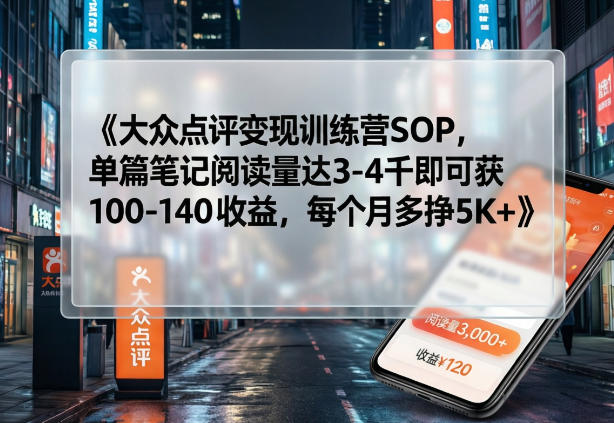 大众点评变现训练营SOP，单篇笔记阅读量达3-4千即可获100-140收益，每个月多挣5K+-知享资源网