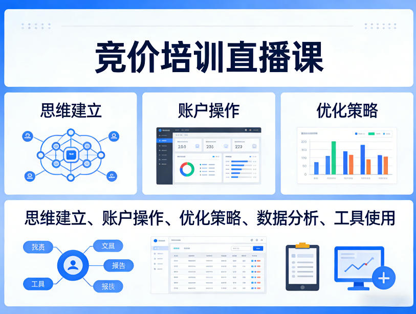 竞价培训直播课，覆盖思维建立、账户操作、优化策略、数据分析、工具使用等，全方位提升效果-知享资源网