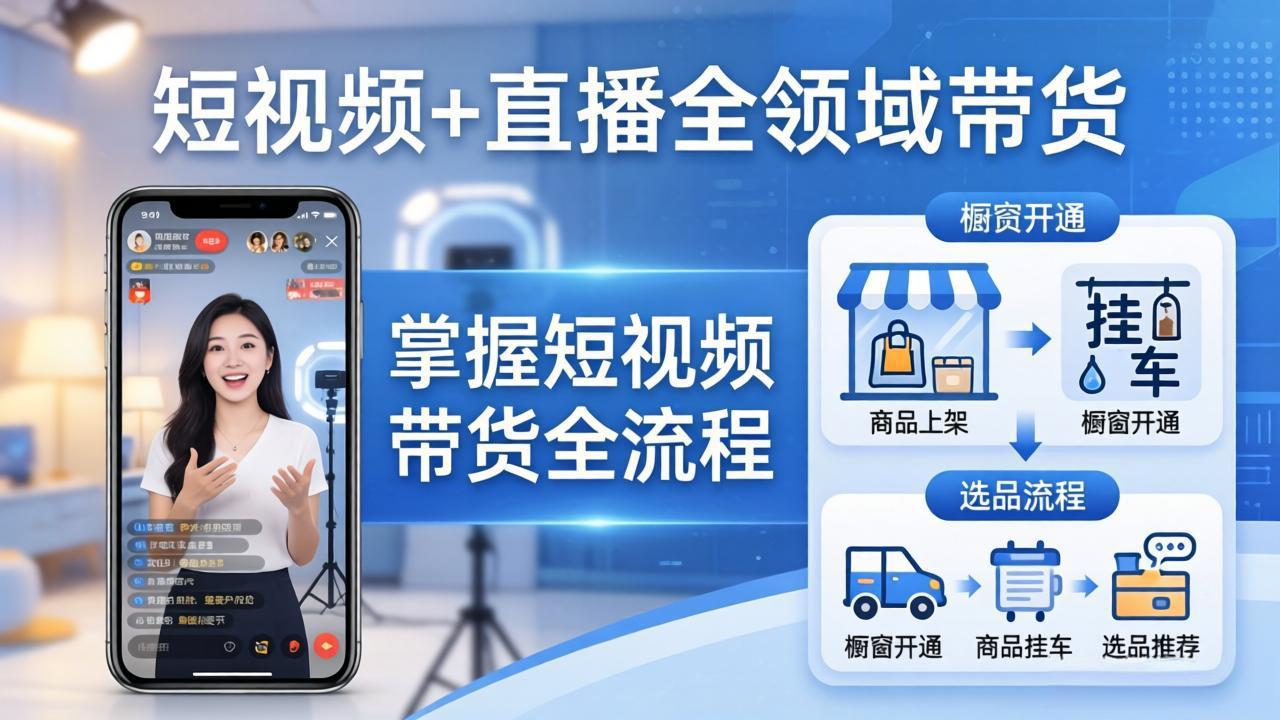 （17915期）短视频+直播全领域带货-更新：掌握橱窗开通、挂车、选品、爆款文案改编等短视频带货全流程-知享资源网