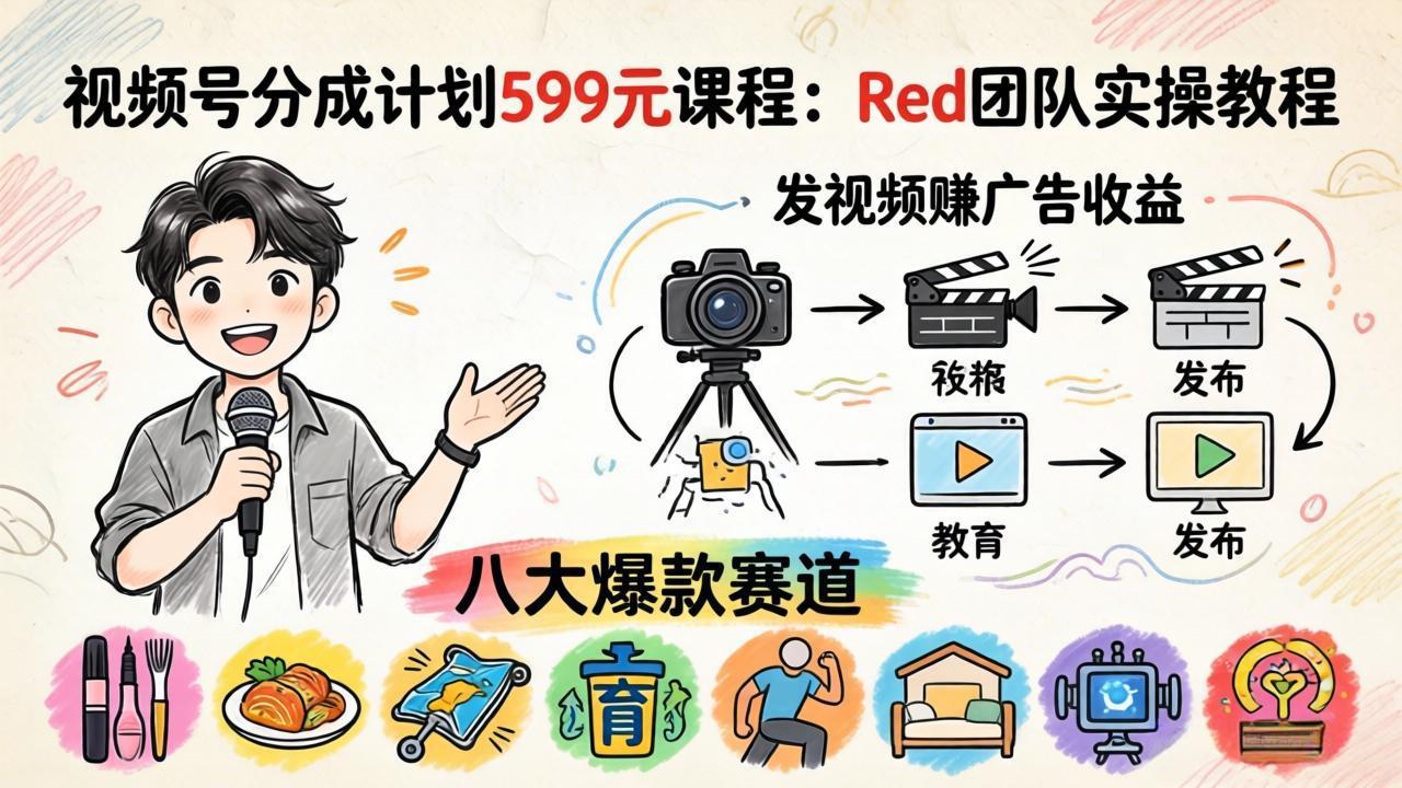 （18088期）视频号分成计划599元课程：Red团队实操教程，发视频赚广告收益，八大爆款赛道全掌握-知享资源网