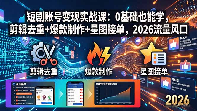 （18160期）短剧账号变现实战课：0基础也能学，剪辑去重+爆款制作+星图接单，2026流量风口-知享资源网