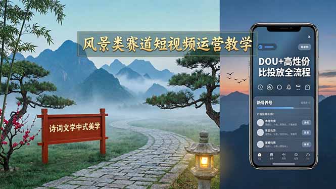 （17992期）风景类赛道短视频运营教学：诗词文学中式美学，新号养号对标账号定位，DOU+高性价比投放全流程-知享资源网