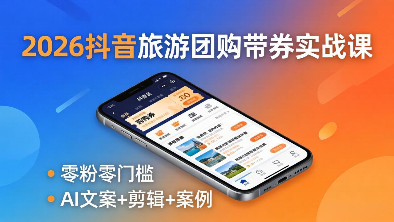（18175期）2026抖音旅游团购带券实战课：零粉零门槛，AI文案+剪辑+案例，躺着赚门票佣金-知享资源网