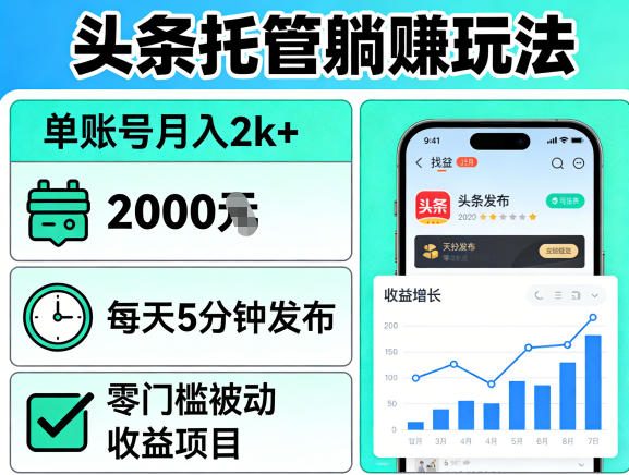 头条托管躺賺玩法，单账号月入2k+，每天5分钟发布即可，零门槛被动收益项目【揭秘】-知享资源网