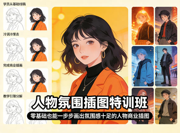 人物氛围插图特训班，零基础也能一步步画出氛围感十足的人物商业插图-知享资源网