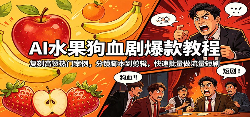 AI水果狗血剧爆款教程：复刻高赞热门案例，分镜脚本到剪辑，快速批量做流量短剧-知享资源网