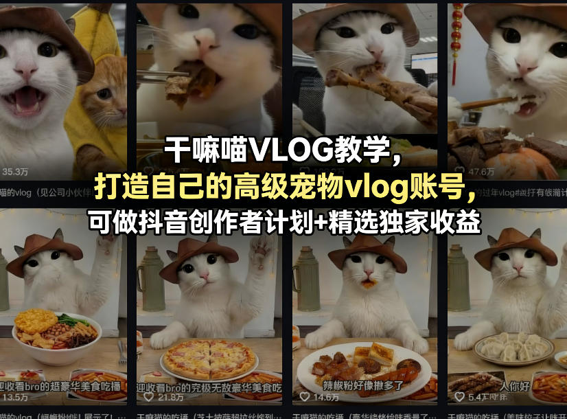 干嘛喵VLOG教学，打造自己的高级宠物vlog账号，可做抖音创作者计划+精选独家收益-知享资源网