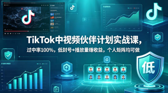 TikTok中视频伙伴计划实战课，过中率100%，低封号+播放量賺收益，个人矩阵均可做-知享资源网