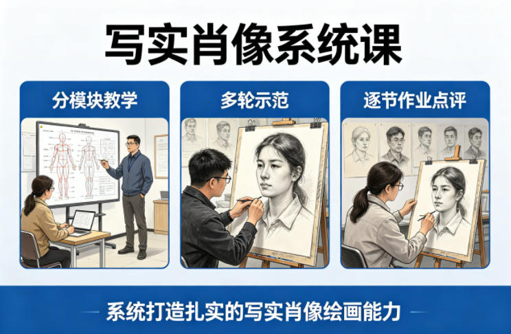 写实肖像系统课，全程分模块教学+多轮示范+逐节作业点评，系统打造扎实的写实肖像绘画能力-知享资源网