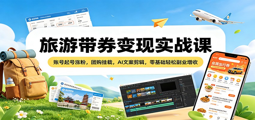旅游带券变现实战课：账号起号涨粉，团购挂载，AI文案剪辑，零基础轻松副业增收-知享资源网