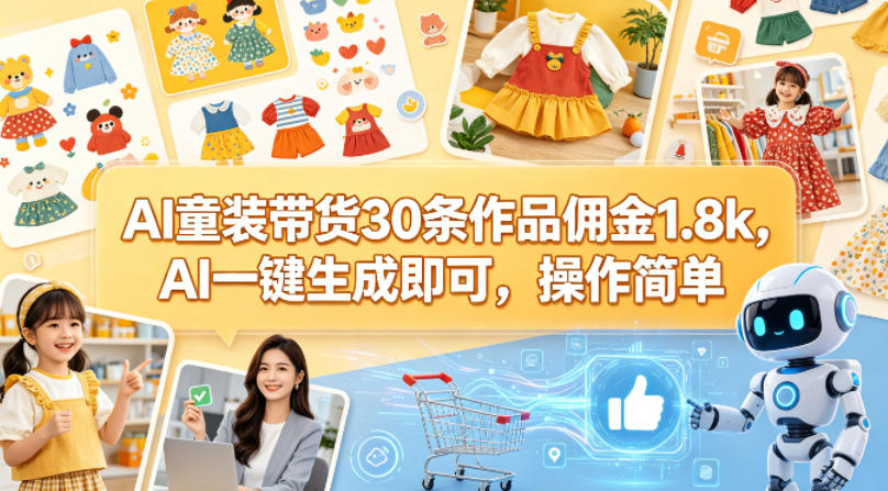 AI童装带货30条作品佣金1.8k，AI一键生成即可，操作简单-知享资源网