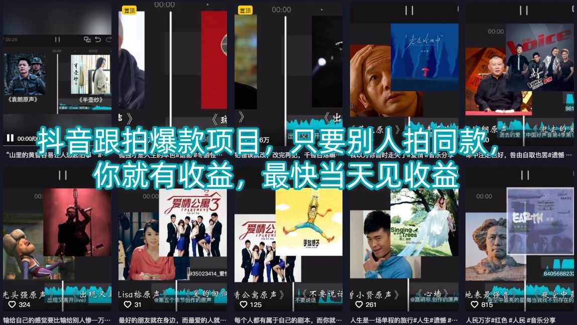 抖音跟拍爆款项目，只要别人拍同款，你就有收益，最快当天见收益-知享资源网