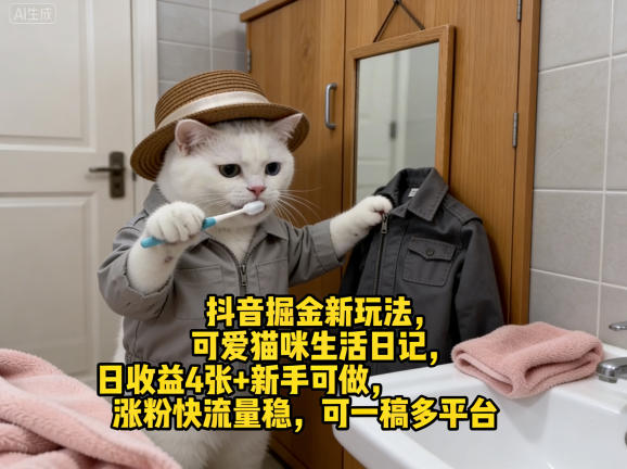 抖音掘金新玩法，可爱猫咪生活日记，日收益4张+新手可做，涨粉快流量稳，可一稿多平台-知享资源网