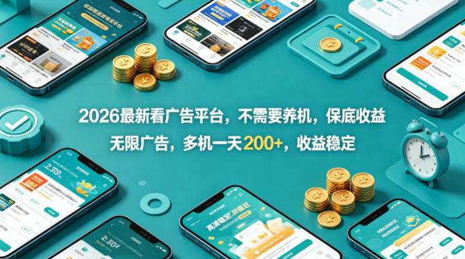2026最新看广告平台，不需要养机，保底收益，无限广告，多机一天200+，收益稳定【揭秘】-知享资源网