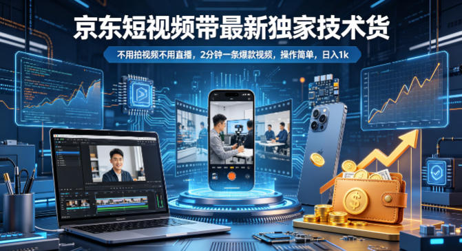 京东短视频带货最新独家技术，不用拍视频不用直播，2分钟一条爆款视频，操作简单，日入1k+【揭秘】-知享资源网