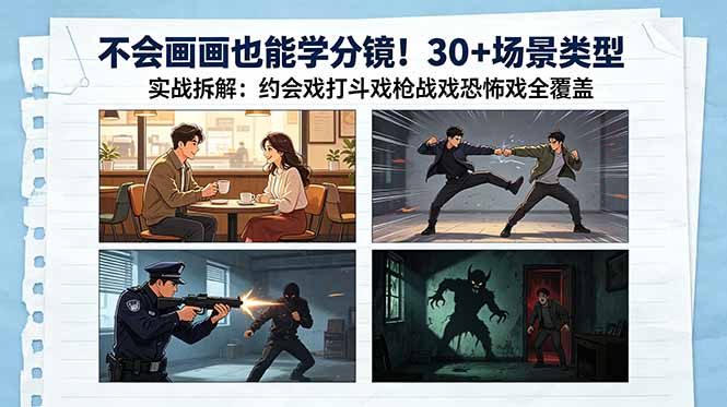 （18591期）不会画画也能学分镜！30+场景类型实战拆解：约会戏打斗戏枪战戏恐怖戏全覆盖-知享资源网