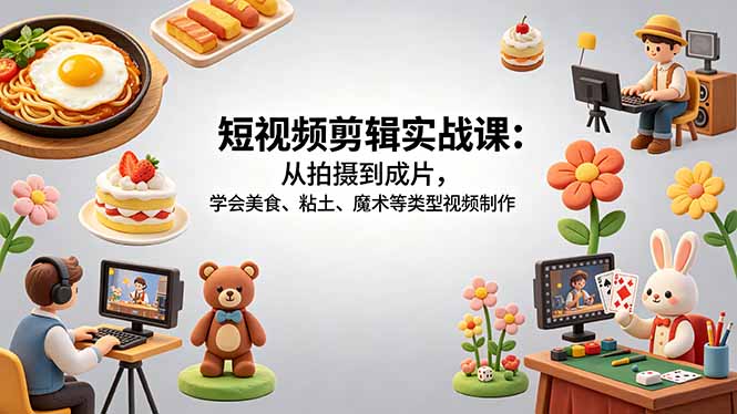 （18375期）短视频剪辑实战课：从拍摄到成片，学会美食、粘土、魔术等类型视频制作-知享资源网
