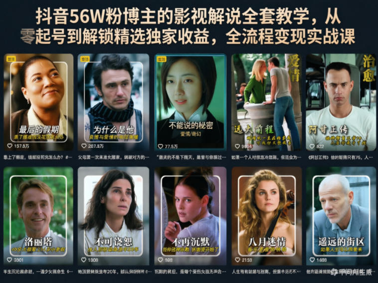 抖音56W粉博主的影视解说全套教学，从零起号到解锁精选独家收益，全流程变现实战课-知享资源网