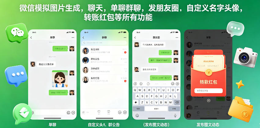 微信模拟图片生成，聊天，单聊群聊，发朋友圈，自定义名字头像，转账红包等所有功能都可以生成-知享资源网