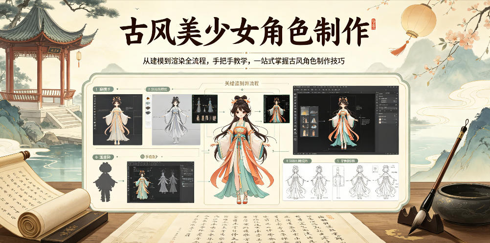 古风美少女角色制作，从建模到渲染全流程，手把手教学，一站式掌握古风角色制作技巧-知享资源网
