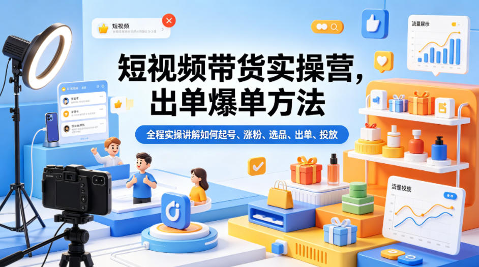短视频带货实操营，出单爆单方法，全程实操讲解如何起号、涨粉、选品、出单、投放-知享资源网