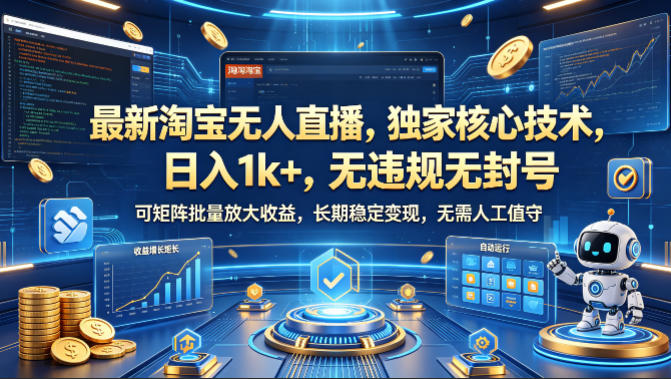 最新淘宝无人直播，独家核心技术，日入1k+，无违规无封号，可矩阵批量放大，长期稳定，无需人工值守【揭秘】-知享资源网