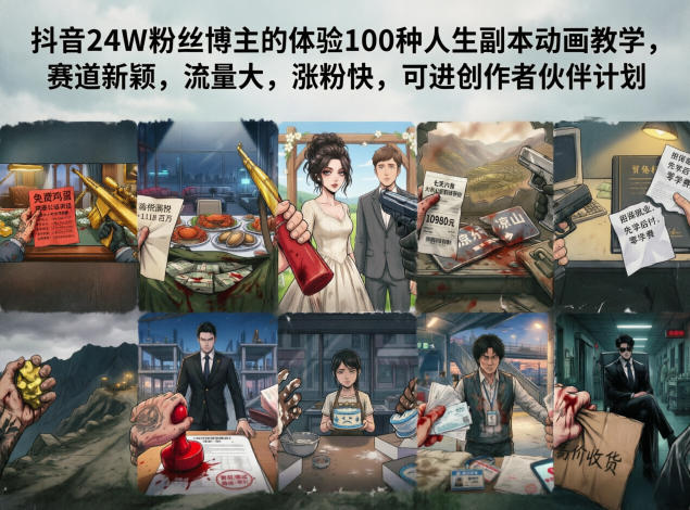 抖音24W粉丝博主的体验100种人生副本动画教学，赛道新颖，流量大，涨粉快，可进创作者伙伴计划-知享资源网