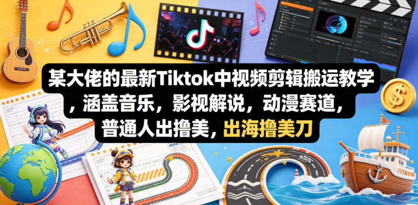 某大佬的最新Tiktok中视频剪辑搬运教学，涵盖音乐，影视解说，动漫赛道，普通人出海撸美刀-知享资源网