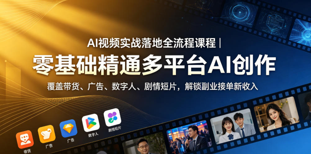 AI视频实战落地全流程课程｜零基础精通多平台AI创作，覆盖带货、广告、数字人、剧情短片，解锁副业接单新收入-知享资源网