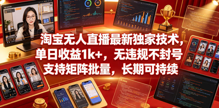 淘宝无人直播最新独家技术，单日收益1k+，无违规不封号，支持矩阵批量，长期可持续【揭秘】-知享资源网
