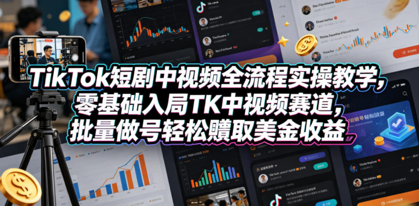 TikTok短剧中视频全流程实操教学，零基础入局TK中视频赛道，批量做号轻松賺取美金收益-知享资源网