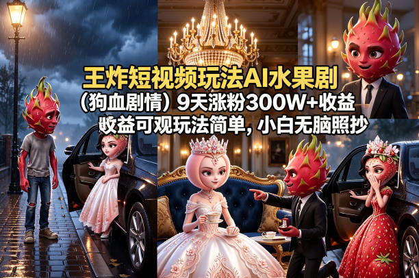 王炸短视频玩法AI水果剧（狗血剧情）9天涨粉300W+收益可观玩法简单，小白无脑照抄，详细拆解玩法-知享资源网