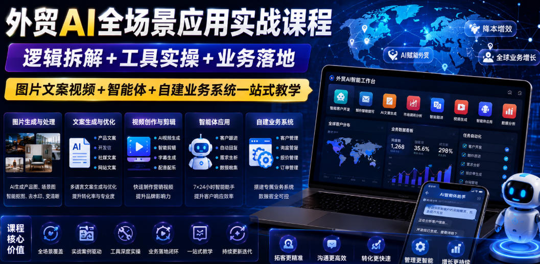 外贸AI全场景应用实战课程｜逻辑拆解+工具实操+业务落地，图片文案视频+智能体+自建业务系统一站式教学-知享资源网