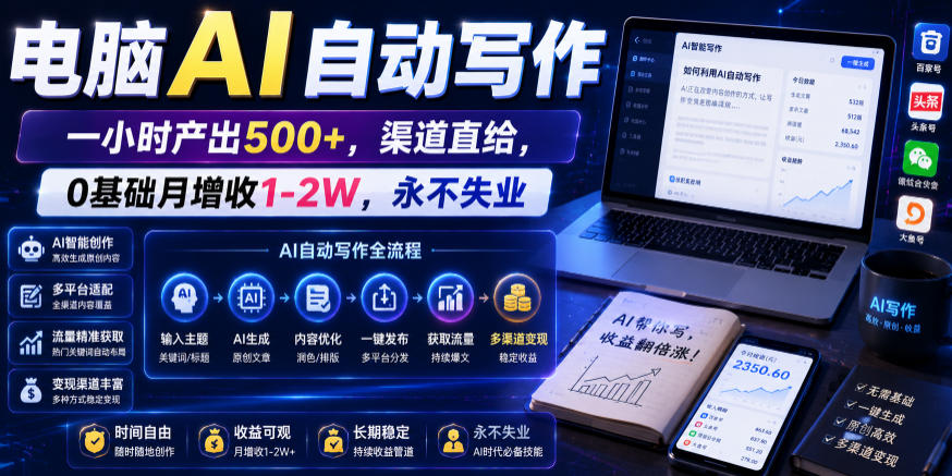 电脑AI自动写作，一小时产出500+，渠道直给，0基础月增收1-2W，永不失业【揭秘】-知享资源网