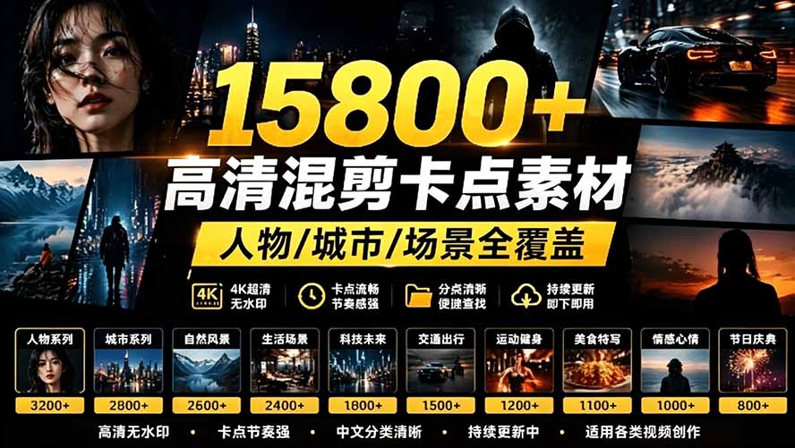（19120期）【影视剪辑素材合集】15800+高清混剪卡点｜热门影视精彩片段｜人物/城市/场景全覆盖，中文分类清晰-知享资源网