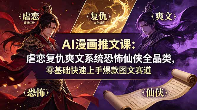（19060期）AI漫画推文课：虐恋复仇爽文系统恐怖仙侠全品类，零基础快速上手爆款图文赛道-知享资源网