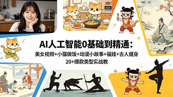 （18685期）AI人工智能0基础到精通：美女视频+小猫做饭+动漫小故事+福娃+古人健身，20+爆款类型实战教学-知享资源网