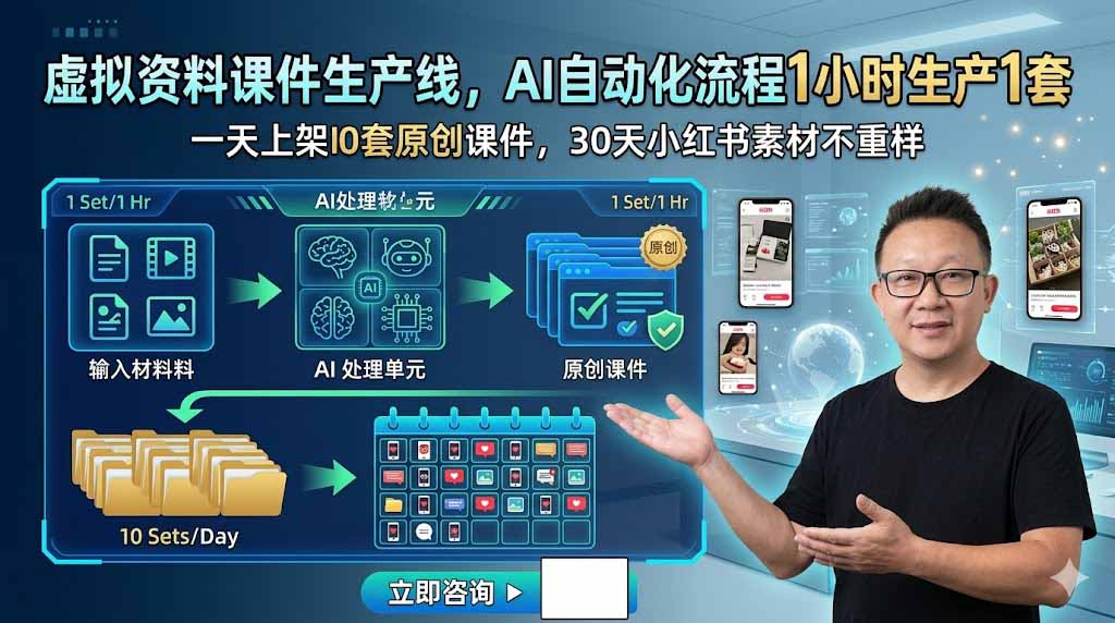 （19091期）虚拟资料课件生产线，AI自动化流程1小时生产1套，一天上架10套原创课件，30天小红书素材不重样-知享资源网
