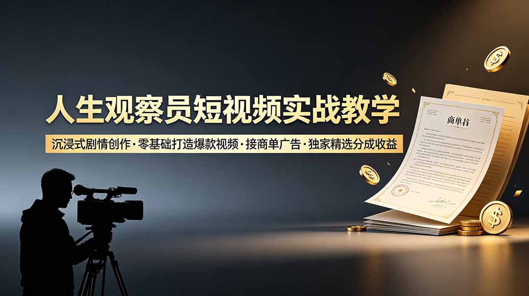（19113期）人生观察员短视频实战教学，沉浸式剧情创作，零基础打造爆款视频，接商单广告，独家精选分成收益-知享资源网