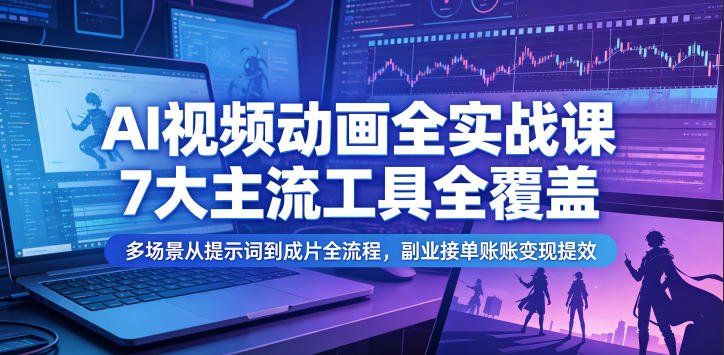 AI视频动画全实战课,7大主流工具全覆盖,多场景从提示词到成片全流程,副业接单账号变现提效-知享资源网