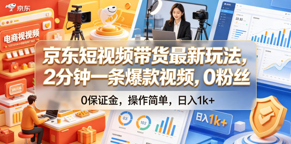 京东短视频带货最新玩法，2分钟一条爆款视频，0粉丝，0保证金，操作简单，日入1k+【揭秘】-知享资源网
