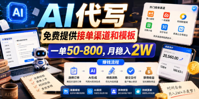 AI代写，免费提供接单渠道和模板，一单50-800，月稳入2W【揭秘】-知享资源网
