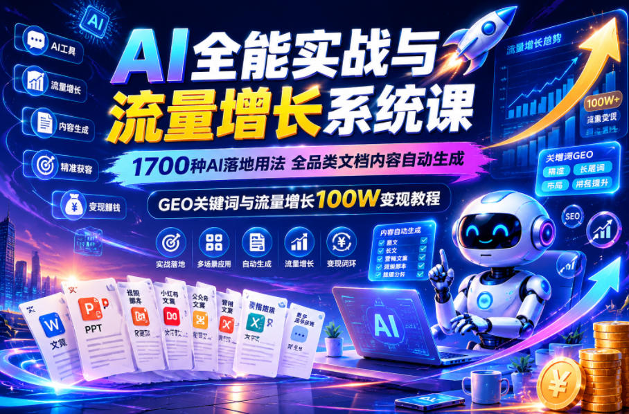 AI全能实战与流量增长系统课，1700种AI落地用法，全品类文档内容自动生成，GEO关键词与流量增长100W变现教程-知享资源网